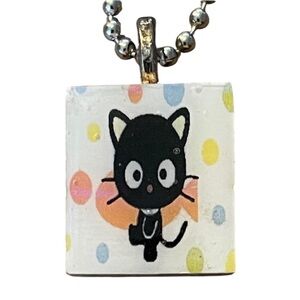 Vintage 90's  Scrabble Tile Pendant Stainless Steel Ball Chain Cute Black Cat